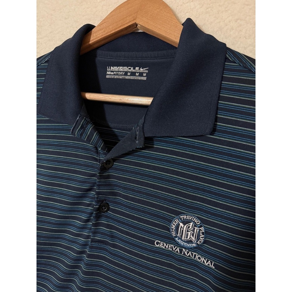 Nike Golf Polo Shirt Mens Medium Blue Stripe Geneva National Dri-FIT Performance